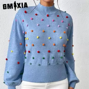GMXIA женские модные повседневные однотонные принты осень-зима с длинным рукавом свободные свитера с половиной воротника S синий