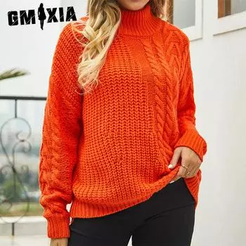 GMXIA женские модные повседневные однотонные принты осень-зима с длинным рукавом свободные свитера с половиной воротника S белый