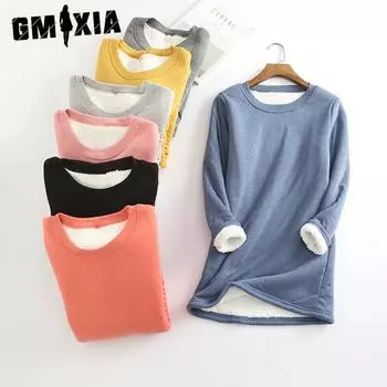 GMXIA женские модные повседневные однотонные принты осень-зима с длинным рукавом и круглым вырезом тонкие бархатные свитера на основе S чёрный