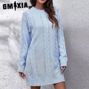 GMXIA женские модные повседневные однотонные принты осень-зима с длинными рукавами и круглым вырезом свободные свитера юбка S синий