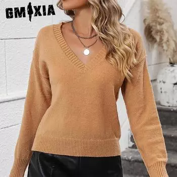GMXIA женские модные повседневные однотонные принты осень-зима с длинными рукавами и v-образным вырезом свободные свитера S чёрный