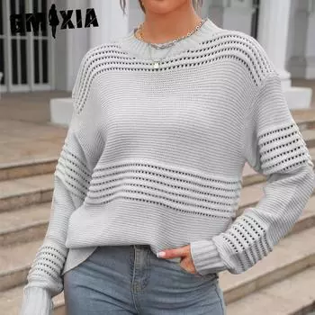 GMXIA женские модные повседневные однотонные принты осень-зима с длинными рукавами и круглым вырезом свободные свитера S чёрный