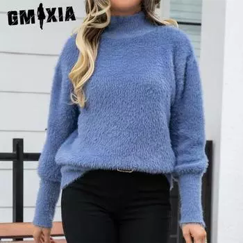 GMXIA женские модные повседневные однотонные принты осень-зима с длинным рукавом свободные свитера с половиной воротника S белый