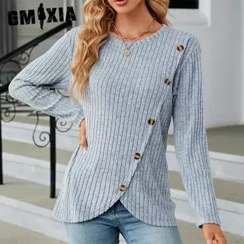 GMXIA женские модные повседневные однотонные принты осень-зима с длинными рукавами и круглым вырезом свободные свитера S чёрный