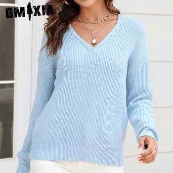 GMXIA женские модные повседневные однотонные принты осень-зима с длинными рукавами и v-образным вырезом свободные свитера S белый