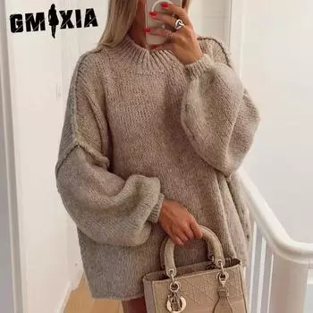 GMXIA женские модные повседневные однотонные принты осень-зима с длинными рукавами и круглым вырезом свободные свитера S хаки