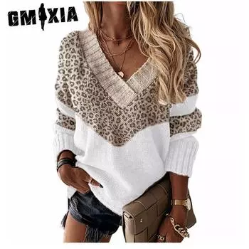 GMXIA женские модные повседневные однотонные принты осень-зима с длинными рукавами и v-образным вырезом свободные свитера S серый