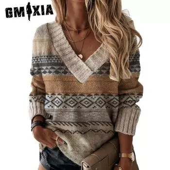 GMXIA женские модные повседневные однотонные принты осень-зима с длинными рукавами и v-образным вырезом свободные свитера S