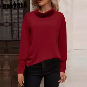 GMXIA женские модные повседневные однотонные принты осень-зима с длинным рукавом и высоким воротом свободные свитера S бордовый