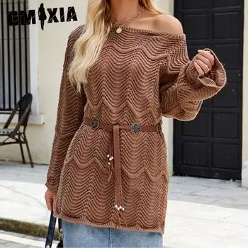 GMXIA женские модные повседневные однотонные принты осень-зима с длинными рукавами и круглым вырезом свободные свитера S белый