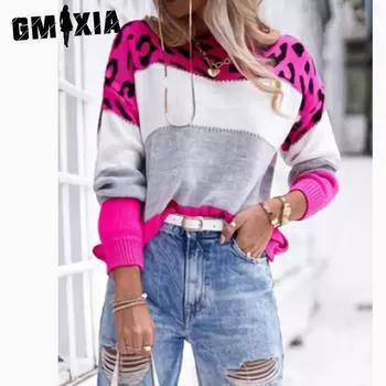 GMXIA женские модные повседневные однотонные принты осень-зима с длинными рукавами и круглым вырезом свободные свитера S розовый