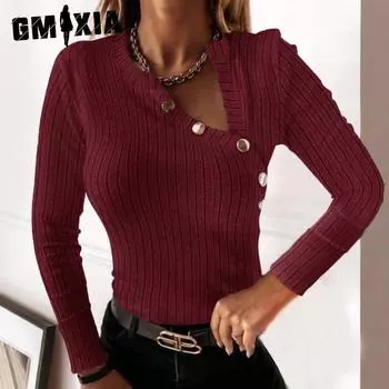 GMXIA женские модные повседневные однотонные принты осень-зима с длинными рукавами и v-образным вырезом свободные свитера S серый