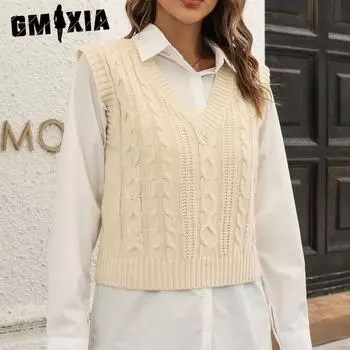 GMXIA женские модные повседневные однотонные принты осень-зима без рукавов с v-образным вырезом вязаные жилеты S чёрный