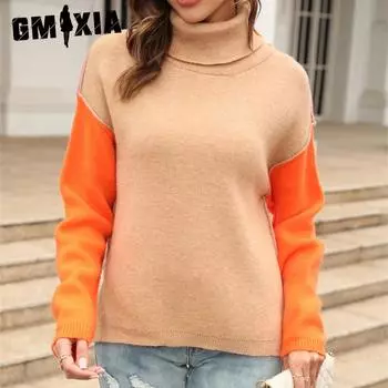 GMXIA женские модные повседневные однотонные принты осень-зима с длинным рукавом и высоким воротом свободные свитера S красный