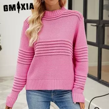 GMXIA женские модные повседневные однотонные принты осень-зима с длинным рукавом свободные свитера с половиной воротника S зелёный