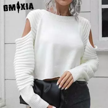 GMXIA женские модные повседневные однотонные принты осень-зима с длинными рукавами и круглым вырезом свободные свитера S белый