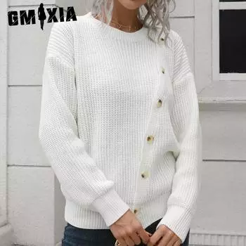 GMXIA женские модные повседневные однотонные принты осень-зима с длинными рукавами и круглым вырезом свободные свитера S чёрный