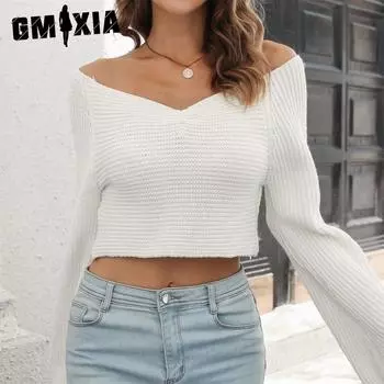 GMXIA женские модные повседневные однотонные принты осень-зима с длинными рукавами и v-образным вырезом свободные свитера S белый
