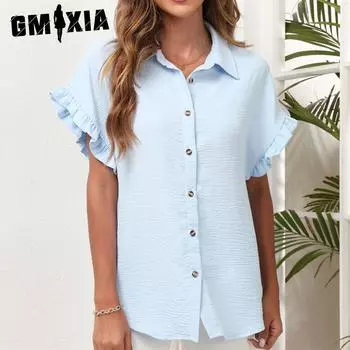 GMXIA Женские модные повседневные однотонные рубашки-поло с короткими рукавами и принтом, блузки и рубашки S белый