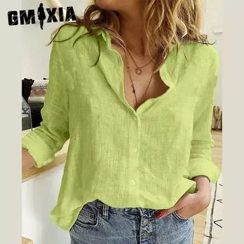 GMXIA женские модные повседневные однотонные свободные футболки-поло с длинными рукавами и льняными рубашками с принтом S белый