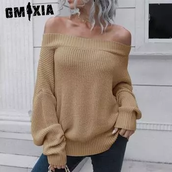 GMXIA Женские модные повседневные однотонные свободные свитера с длинными рукавами на осень и зиму с принтом S хаки