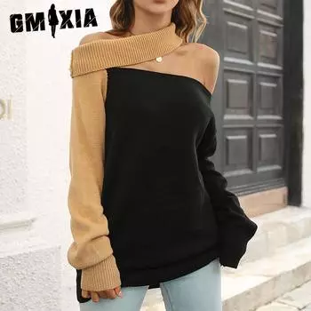 GMXIA Женские модные повседневные однотонные свободные свитера с длинными рукавами на осень и зиму с принтом S чёрный