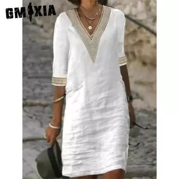 GMXIA Женские модные повседневные однотонные узкие платья с рукавами 1/2 и v-образным вырезом S белый