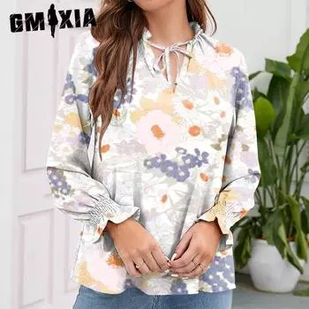 GMXIA женские модные повседневные осенне-зимние блузки и рубашки с длинным рукавом и v-образным вырезом с цветочным принтом S белый