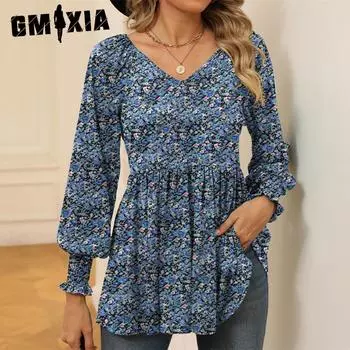 GMXIA женские модные повседневные осенне-зимние блузки и рубашки с длинным рукавом и v-образным вырезом с цветочным принтом S чёрный