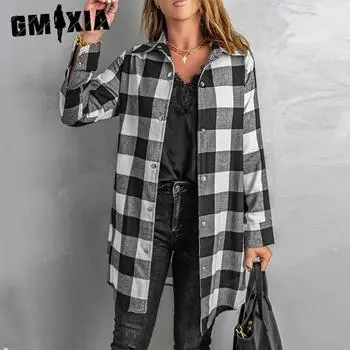 GMXIA женские модные повседневные осенне-зимние клетчатые кардиганы с длинными рукавами и воротником-поло, пальто S чёрный