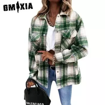 GMXIA женские модные повседневные осенне-зимние клетчатые кардиганы с длинными рукавами и воротником-поло S зелёный