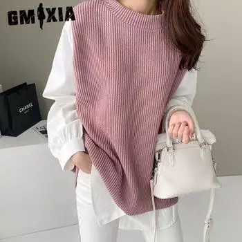 GMXIA женские модные повседневные осенне-зимние лоскутные цветные фальшивые блузки из двух предметов с длинными рукавами и круглым вырезом и свободные рубашки