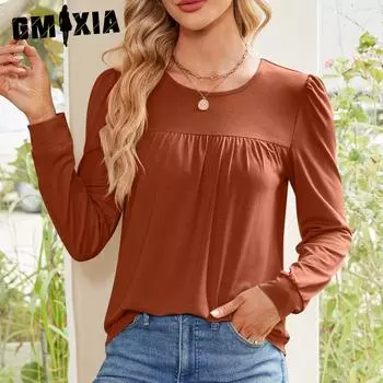 GMXIA женские модные повседневные осенне-зимние однотонные свободные блузки и рубашки с длинными рукавами и круглым вырезом с принтом S серо голубой