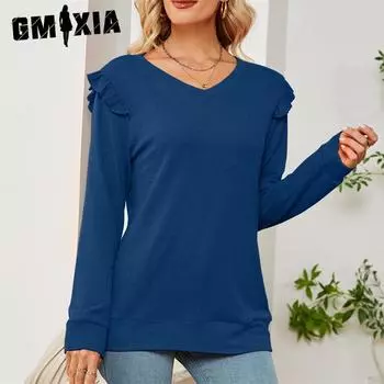 GMXIA женские модные повседневные осенне-зимние однотонные блузки и рубашки с длинным рукавом и v-образным вырезом с принтом S чёрный