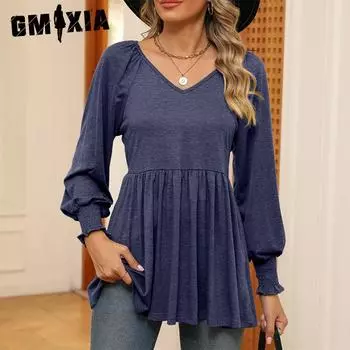 GMXIA женские модные повседневные осенне-зимние однотонные блузки и рубашки с длинным рукавом и v-образным вырезом с принтом S белый