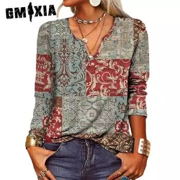 GMXIA женские модные повседневные осенне-зимние однотонные свободные блузки и рубашки с длинным рукавом и v-образным вырезом с принтом S