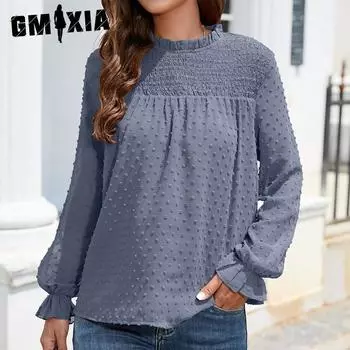 GMXIA женские модные повседневные осенне-зимние однотонные блузки и рубашки с длинным рукавом и высоким воротом с принтом S чёрный