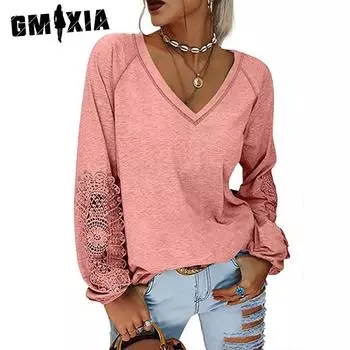 GMXIA женские модные повседневные осенне-зимние однотонные блузки и рубашки с длинным рукавом и v-образным вырезом с принтом
