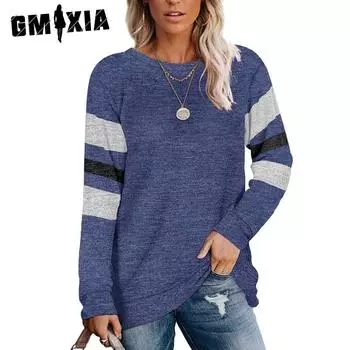 GMXIA женские модные повседневные осенне-зимние однотонные блузки и рубашки с длинным рукавом и круглым вырезом с принтом S чёрный