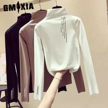 GMXIA женские модные повседневные осенне-зимние однотонные узкие блузки и рубашки с длинными рукавами и воротником с принтом