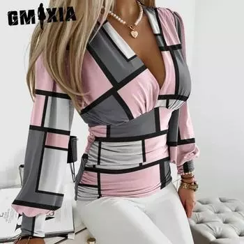 GMXIA женские модные повседневные осенне-зимние однотонные узкие блузки и рубашки с v-образным вырезом и длинными рукавами с принтом S чёрный