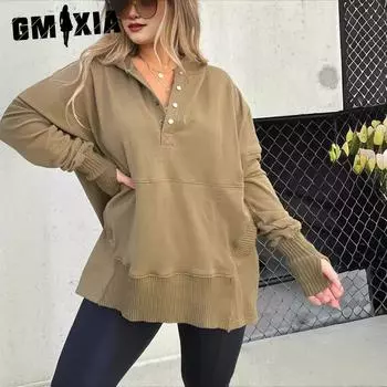GMXIA женские модные повседневные осенне-зимние однотонные рубашки-поло с длинным рукавом с принтом и воротником, блузки и рубашки S белый