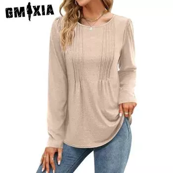 GMXIA женские модные повседневные осенне-зимние однотонные блузки и рубашки с круглым вырезом и длинными рукавами с принтом S