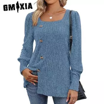 GMXIA женские модные повседневные осенне-зимние однотонные блузки и рубашки с квадратным воротником и длинными рукавами с принтом S кирпич красный