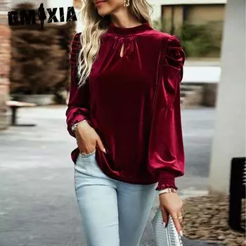 GMXIA женские модные повседневные осенне-зимние однотонные блузки и рубашки с круглым вырезом и длинными рукавами с принтом S розовый