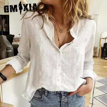 GMXIA женские модные повседневные осенне-зимние однотонные рубашки-поло с длинным рукавом с принтом и воротником, блузки и рубашки S белый