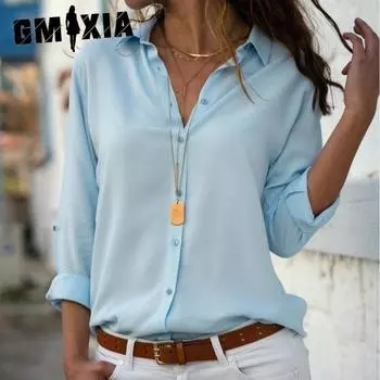 GMXIA женские модные повседневные осенне-зимние однотонные рубашки-поло с длинным рукавом с принтом и воротником, блузки и рубашки S белый