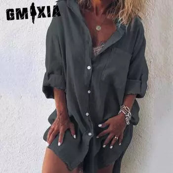 GMXIA женские модные повседневные осенне-зимние однотонные рубашки-поло с длинным рукавом с принтом и воротником, блузки и рубашки S чёрный