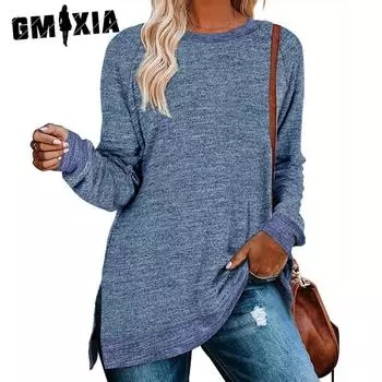 GMXIA женские модные повседневные осенне-зимние однотонные блузки и рубашки с длинным рукавом и круглым вырезом с принтом S чёрный