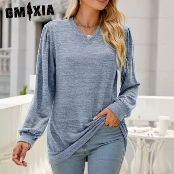 GMXIA женские модные повседневные осенне-зимние однотонные блузки и рубашки с длинным рукавом и v-образным вырезом с принтом